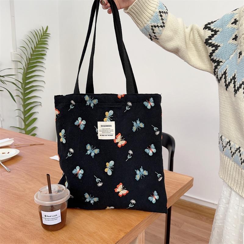 

4 Gentle azure embroidered butterfly canvas bag tote bag shoulder tote bag casual shopping cloth bag
