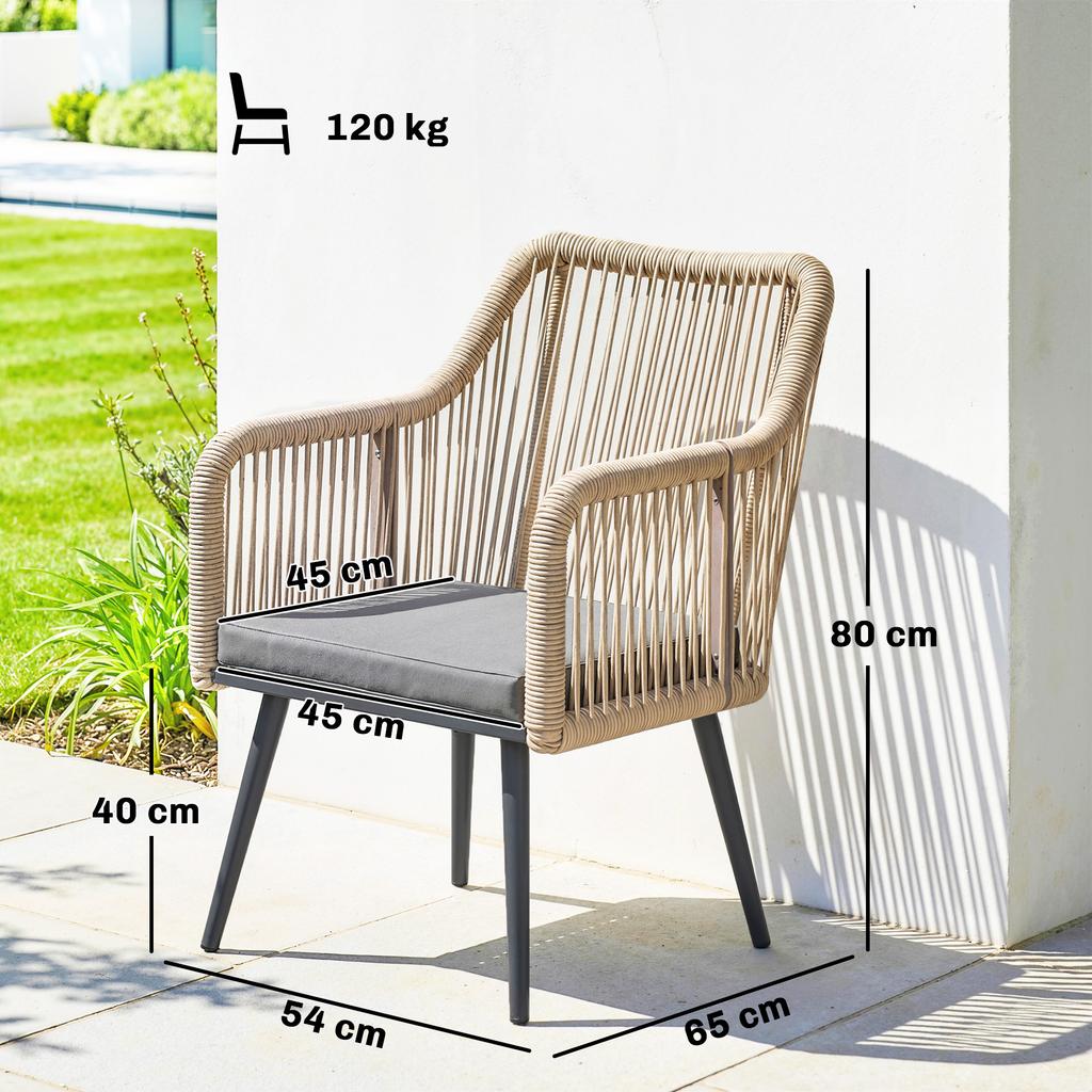 Garden Chair Set of 2 Weatherproof Garden Chairs with Armrest Seat Cushion Metal Frame up to 120 kg Load Capacity Light Grey