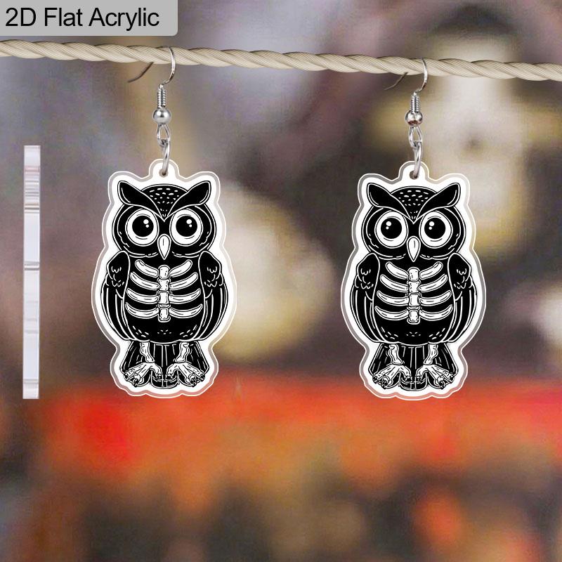 2D Flat Cute Acrylic Skull Owl Dangle Earrings Women's Halloween Accessories Charming Jewelry Gift
