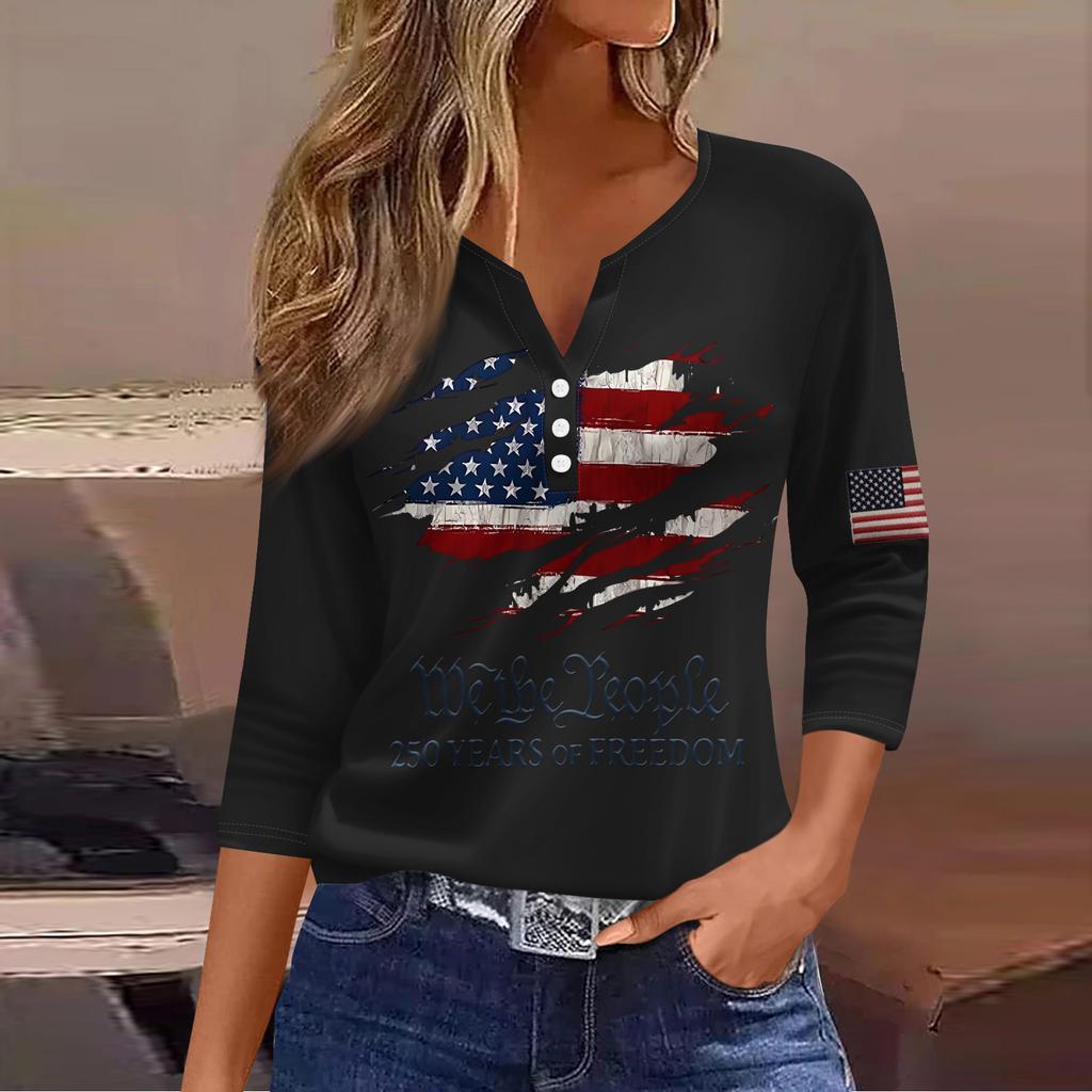 Women's T Shirt Independence Day Print Button 3/4 Sleeve Daily Weekend Fashion Basic V- Neck Regular Top