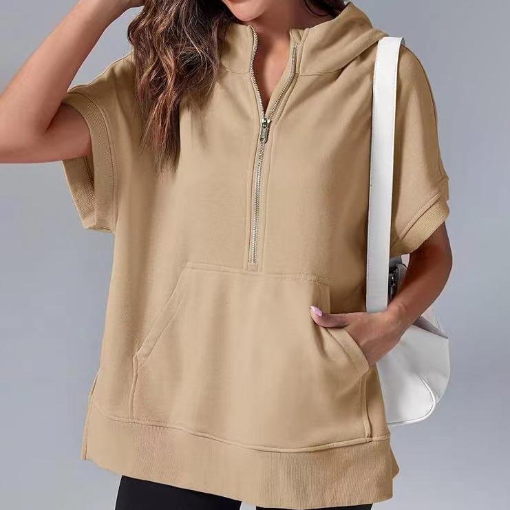 Ανοιξιάτικη Γυναικεία Μονόχρωμη Μόδα Casual Μπλούζα Φούτερ με Κουκούλα και Κοντό Μανίκι