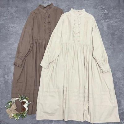 Japanese Spring Pleated Forest Dresses Casual Retro Ruffles Collar Cotton Loose Simple Women Dress