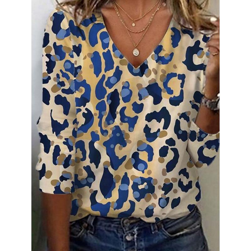 Women's Tunic T Shirt Print Graphic Leopard Color Block Vintage Stylish Casual Long Sleeve V Neck Regular Tops Daily Sports Weekend Blue Khaki Fall