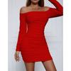 Women's Spring and Autumn One-line Collar Long Sleeve Pleated Temperament Package Hip Skirt Sexy Wrap Dress