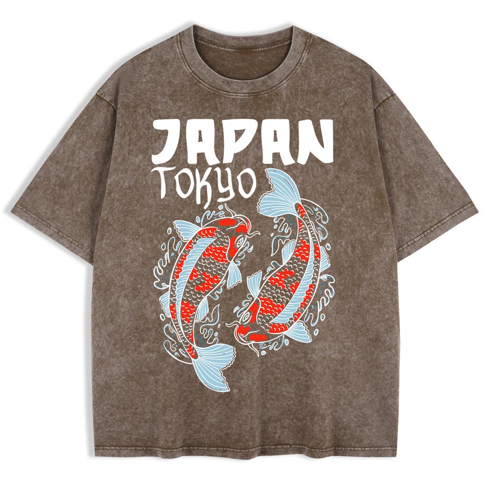 Japanese Koi Harajuku Printed Washed T-Shirts Mens Cotton Short Sleeve Tops Summer O-Neck Oversized T Shirt Clothes