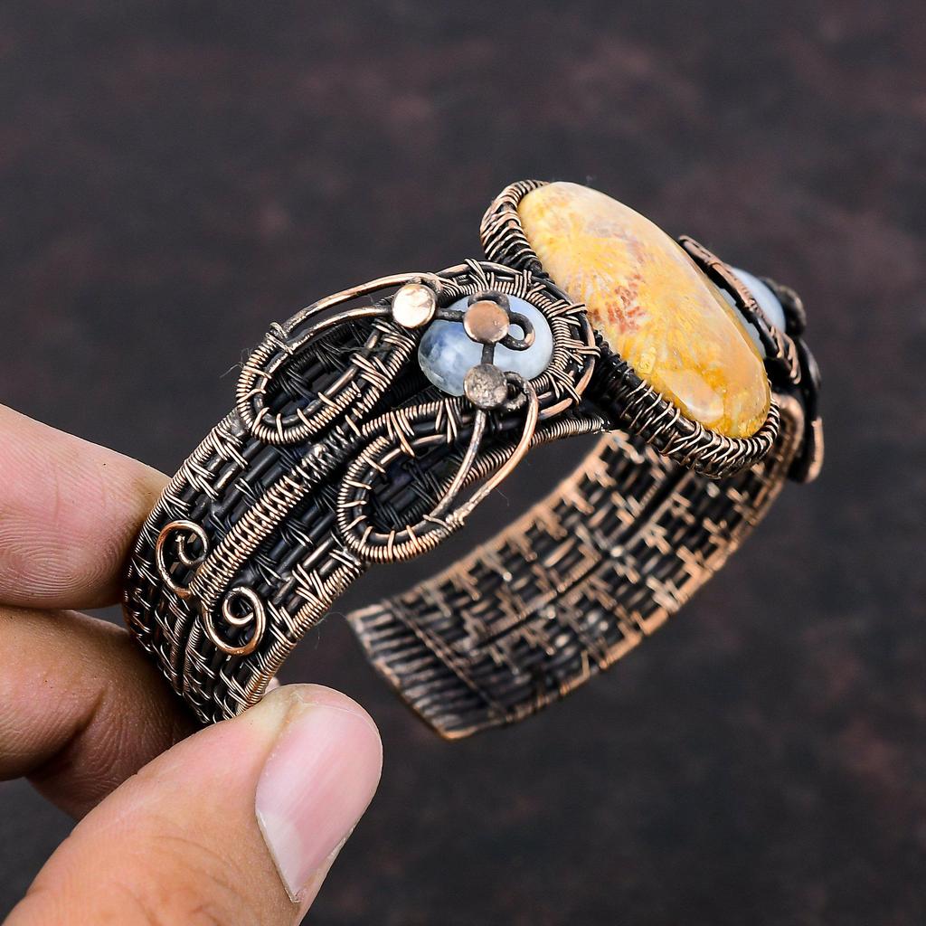 Fossil Coral Gemstone Bangle Copper Wire Wrapped Cuff Bracelet Handmade Adjustable Bangle Copper Jewelry For Gift Rainbow Moonstone Bangle