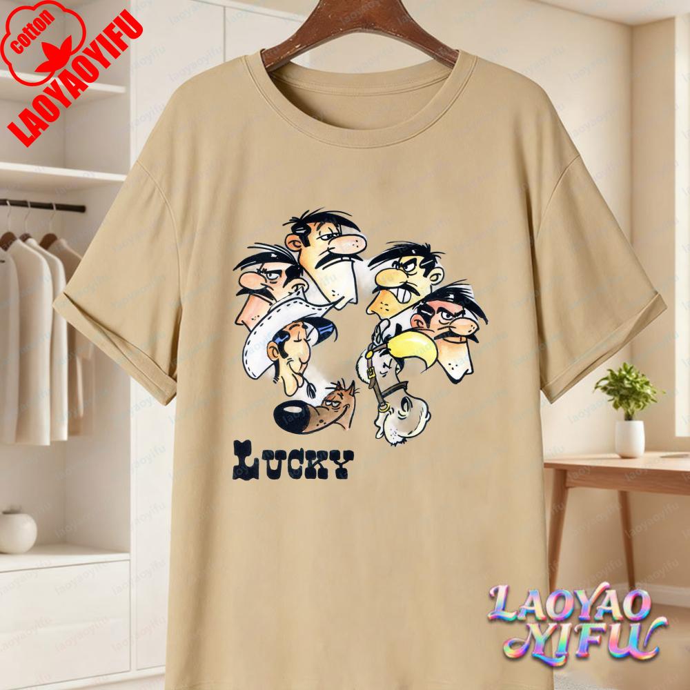 Lucky Luke Vollbesetzung Druck Lässige Oberteile Verspieltes West-Cartoon Baumwoll-T-Shirt Lustiges Vintage Klassisches Anime-Shirt Trend Unisex Kleidung