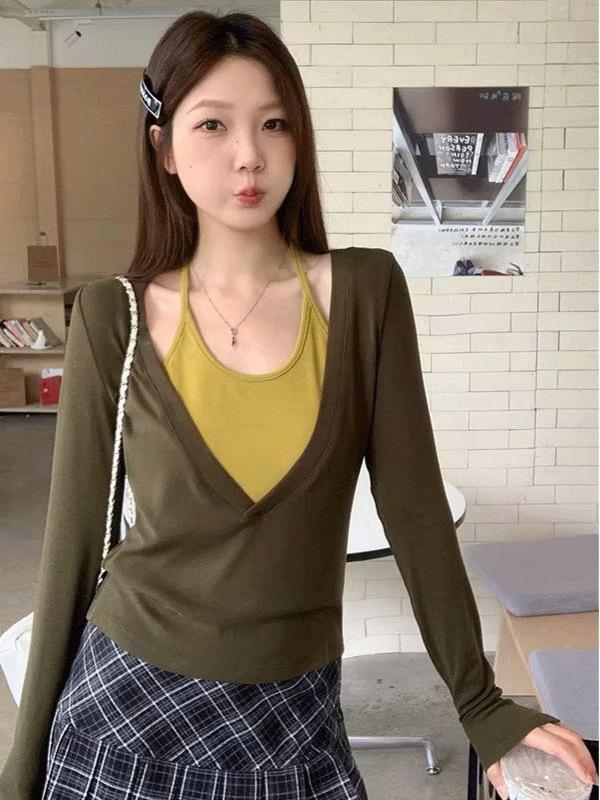 In Stock: Women's Long-Sleeve V-Neck Spring Shirt, 2026 New Elegant Korean-Style T-Shirt