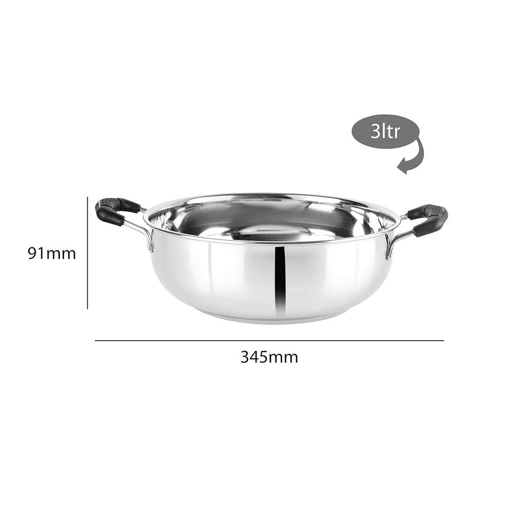 Cello Stainless Steel Induction Kadhai For Gas & Smooth Cooking | 3L Mirror Finish Deep Pan With Dual Handles