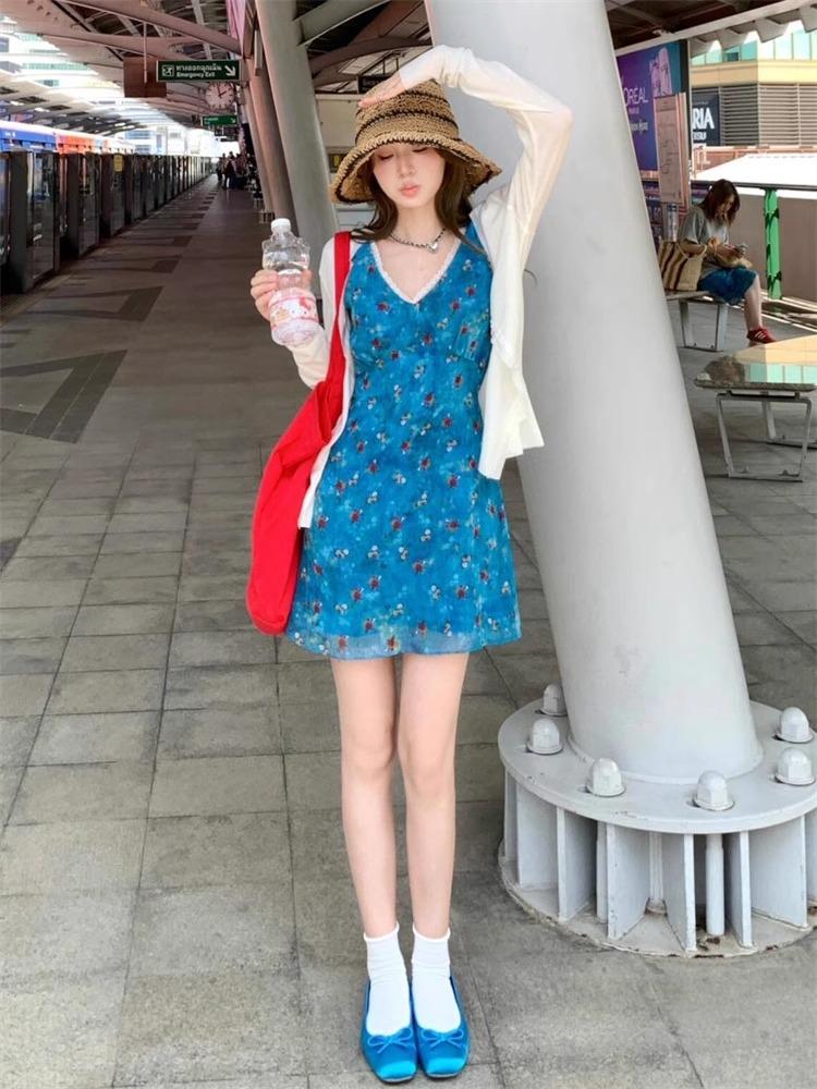 Small French Blue Floral Dress Children's Summer New Temperament Beautiful Seaside Holiday Skirt