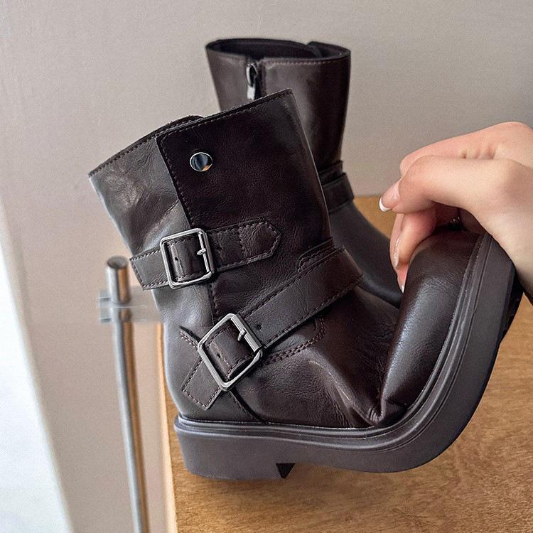 Girls boots new middle and older children's belt buckle western leather boots versatile fashion British style children's Martin boots