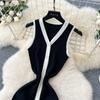 Summer Women Casual V-neck Sleeveless Single Breasted Knitted Sweater Long Midi Dresses