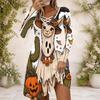 Women White Criss Cross V Neck Long Sleeve Curved Hem Printed Dress Cute Panda Ghost Halloween Pattern