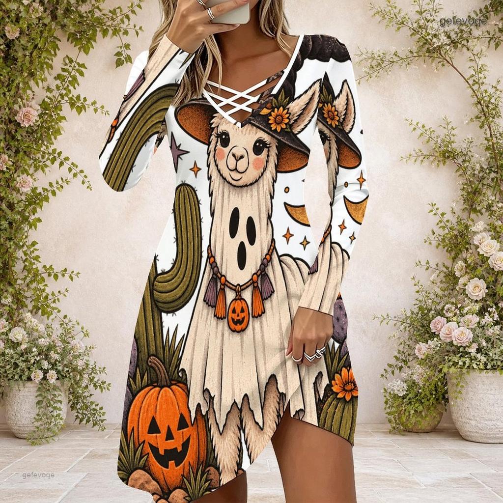 Women White Criss Cross V Neck Long Sleeve Curved Hem Printed Dress Cute Panda Ghost Halloween Pattern