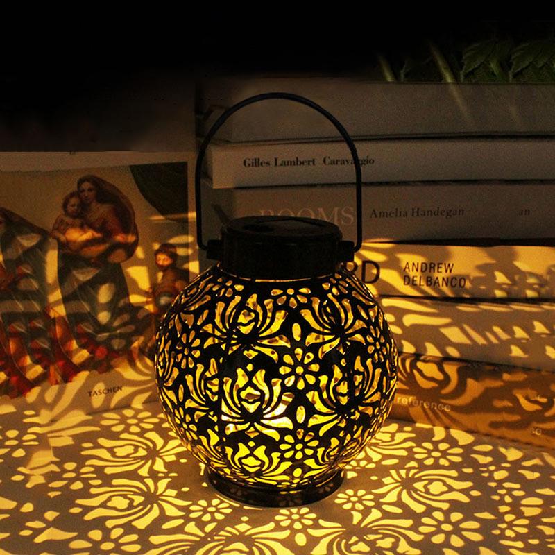 Led Solar Lantern Light Hollow Wrought Iron Projection Light Hanging Lamps Outdoor Waterproof Yard Garden Art Decoration