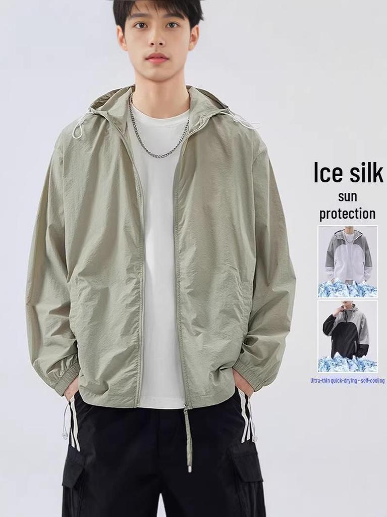 Men's Lightweight Ice Silk Sun Protection Hooded Jacket for Summer Cycling & Fishing - Loose, Breathable Outdoor Wear