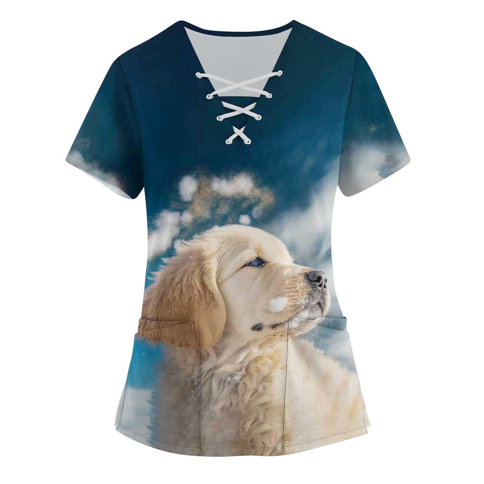 

(SU)Женские топы с короткими рукавами и v-образным вырезом с принтом, рабочая блузка с карманами