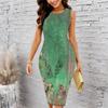 Women Plus Size Sleeveless Round Neck Midi Bodycon Dress Green Vintage Ornate Floral Scroll Print Slim Fit Dress