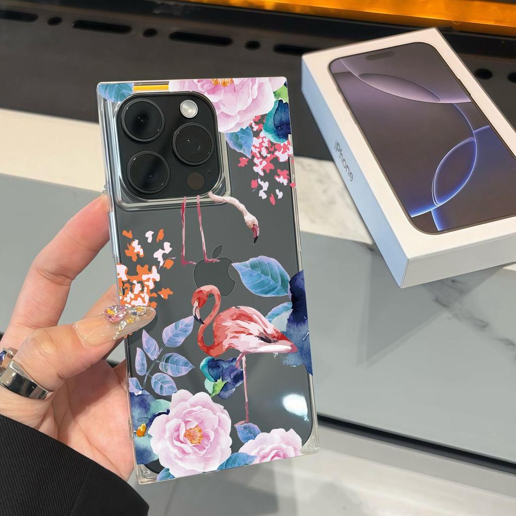 Clear Square Back Tube Case Protection For iPhone 12 16 ProMax 15 Plus 13 14 Pro Max 11 Anti-Oxygen,Flamingo Pattern Casing