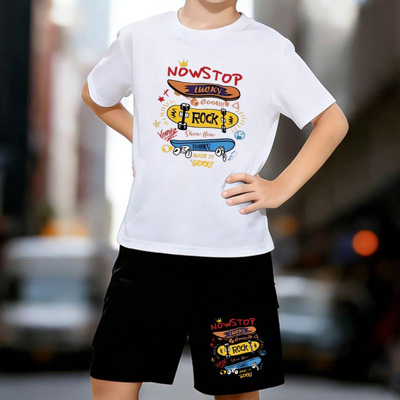 

Boys 2 Piece Skateboard Themed Printed outfit, Short Sleeve T-Shirt and Shorts Set for Kids Age 5-14,White, Black Sporty Casual Summer Clothes 13-14 Years