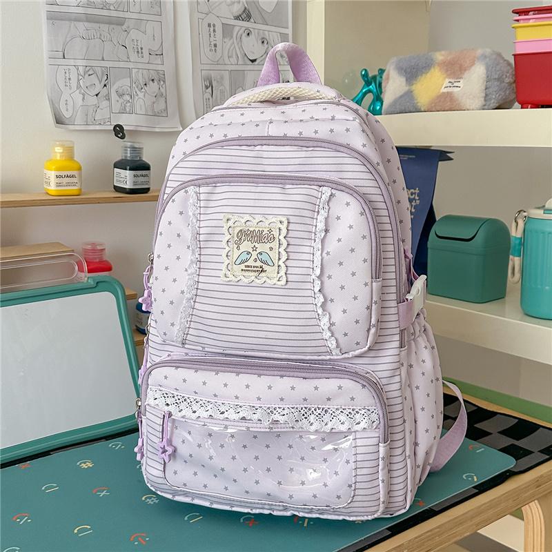 Mochila con Adorno de Encaje Rayas Estrelladas con Ventana Frontal Transparente y Múltiples Bolsillos Gran Capacidad Mochila Escolar Diaria para Adolescentes Estudiantes Viajes Diarios