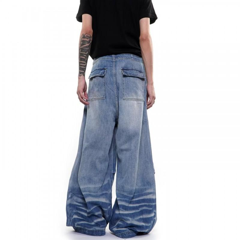 Womens High-Waisted Wide-Leg Denim Pants With Embroidered Pocket Washed Vintage Loose Fit