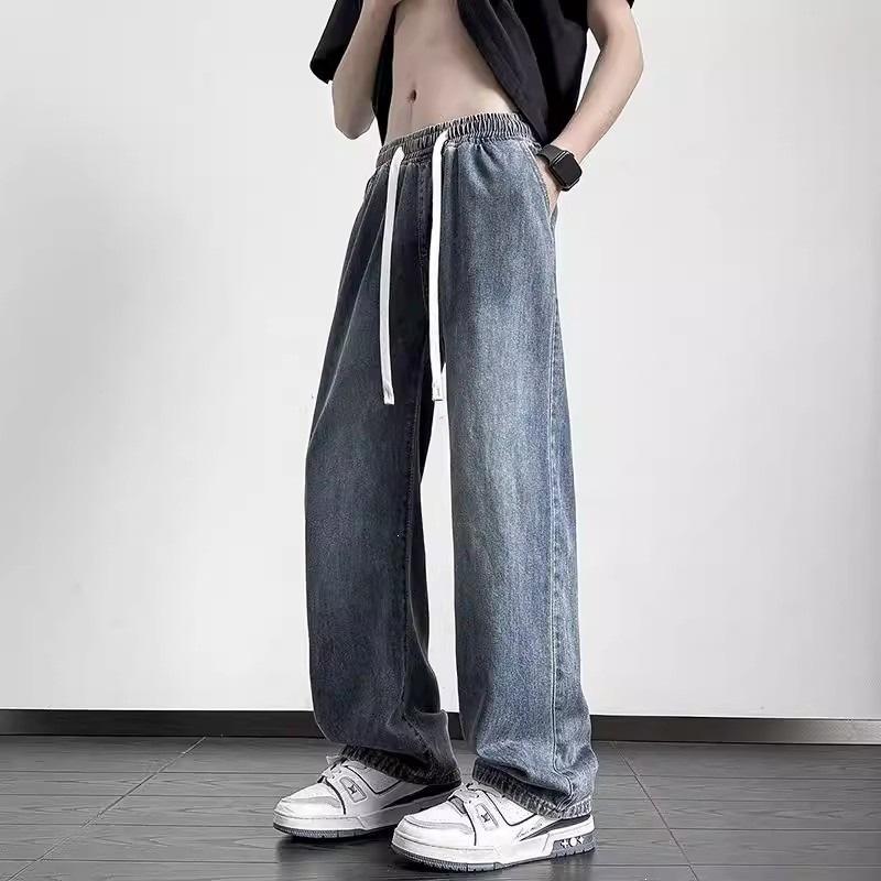 Ice Silk Jeans Men's Summer Loose Straight Trousers New Student Drape Wide-leg Casual Trousers Gray