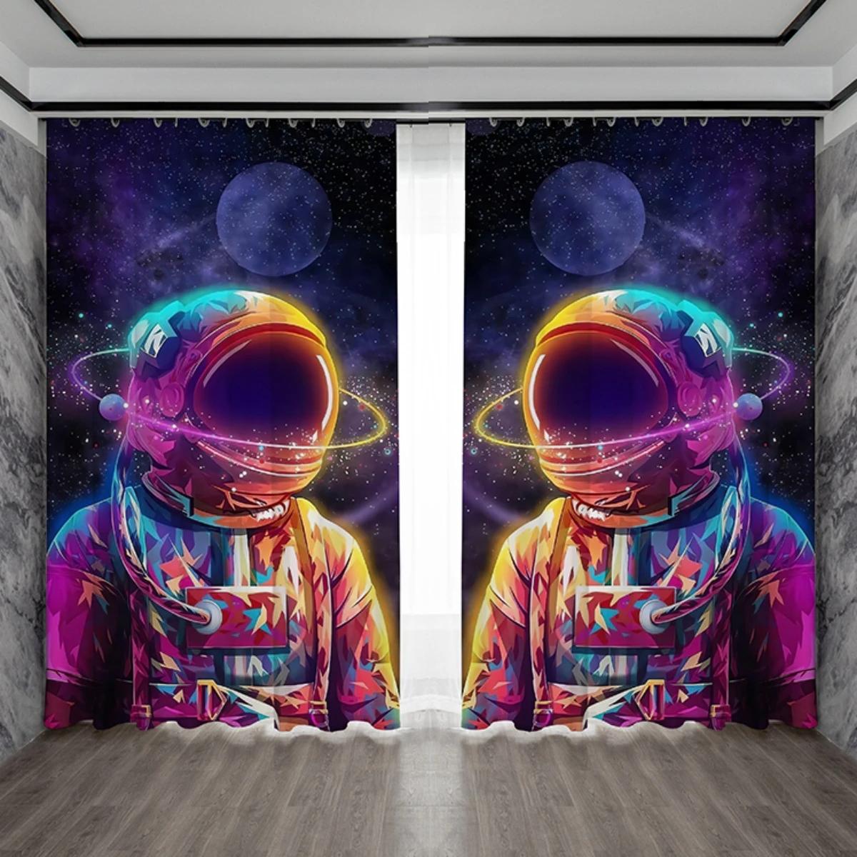 

Персонализированный креативный узор астронавта, высокие затемняющие шторы, технология Sense, звездное небо, космическая затеняющая драпировка для спальни W55 X H120cm X 2&Grommet Top
