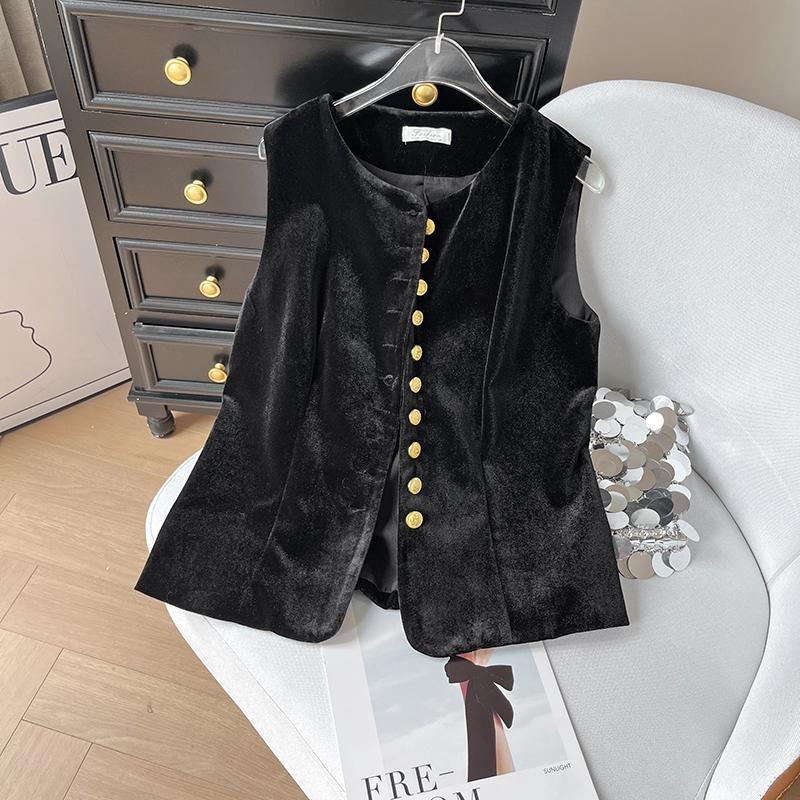 Retro simple vest women's velvet top round neck sleeveless button-up vest