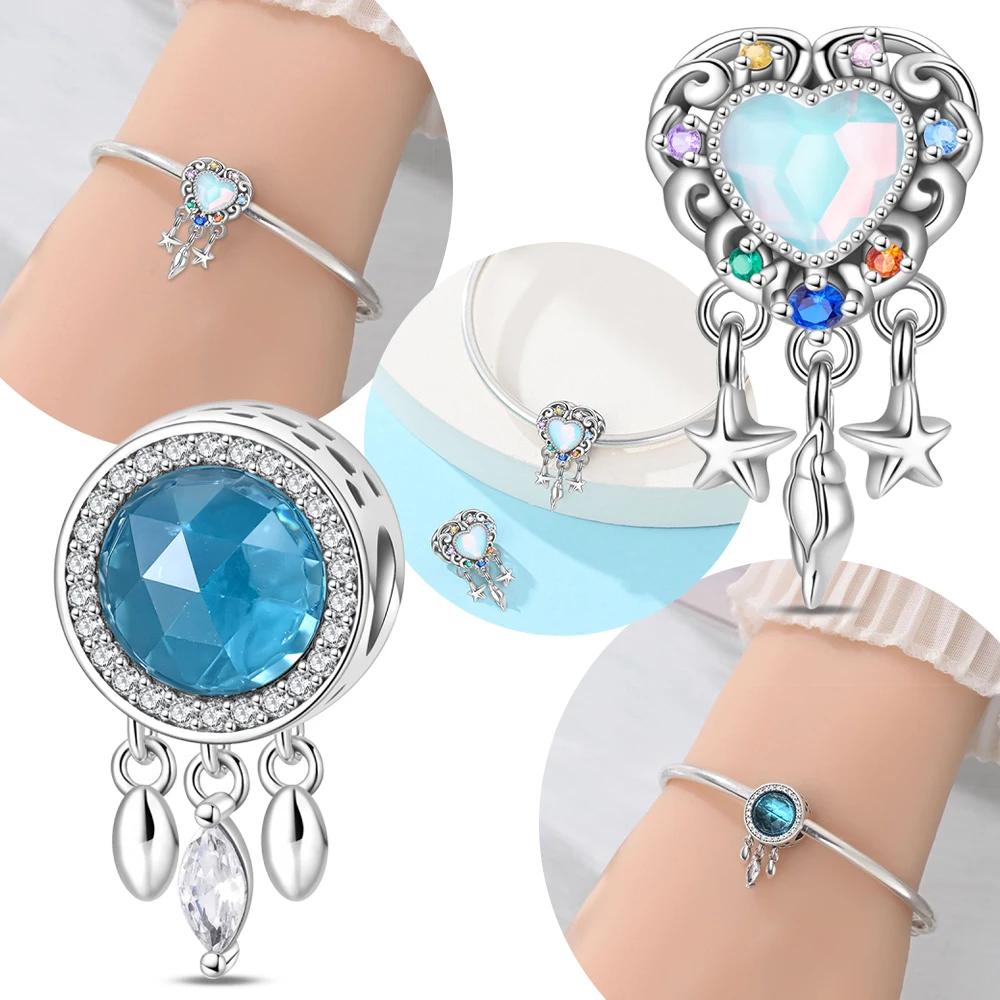 Dreamy Authentic copper Sea Blue Dream Catcher Wish Gem Zircon Bead Compatible With Women Bracelets Diy Fine Valentines Gift Jewellery