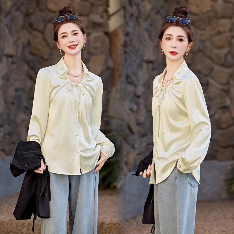 

Женская мода весна 2025: Универсальная атласная рубашка с длинным рукавом (HF25801) L (60-70 kg) белый