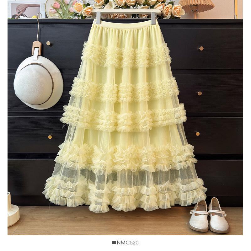 Sweet Style High Waist Ruffled Lace Gauze Maxi Skirt