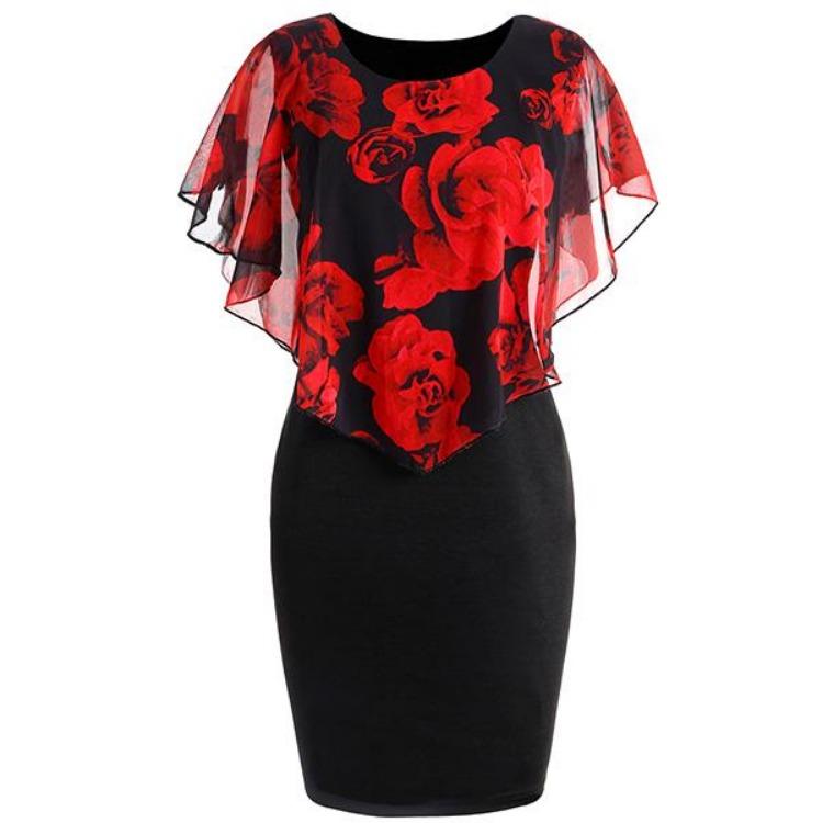 

Women Sexy Sleeveless High Waist Slim Dress with Rose Printing Transparent Shawl Package Hip Skirt S красный