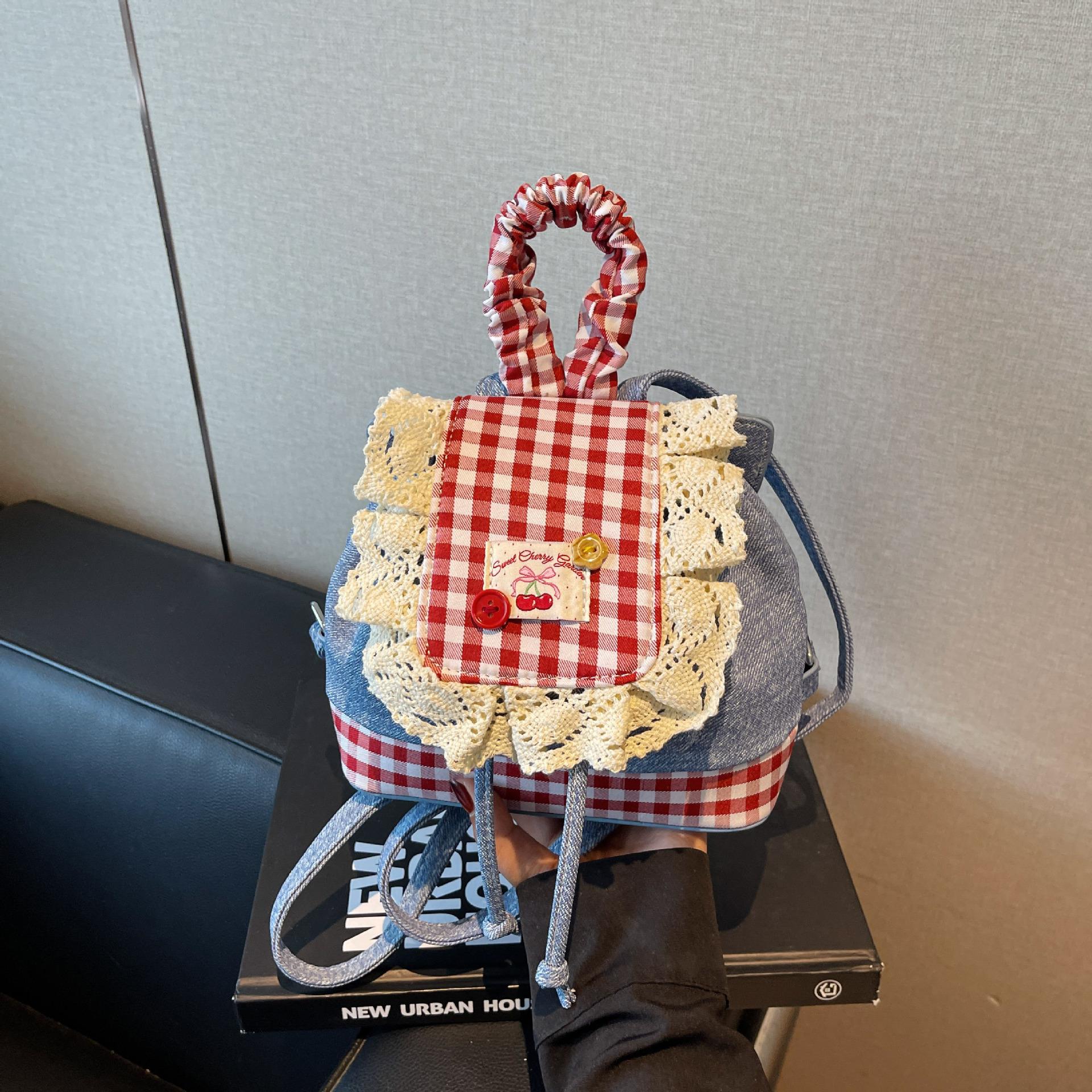 Sweet Lace Backpack Bag Women S Fashion Trendy Denim Contrasting Color Plaid Schoolbag джинсовый синий
