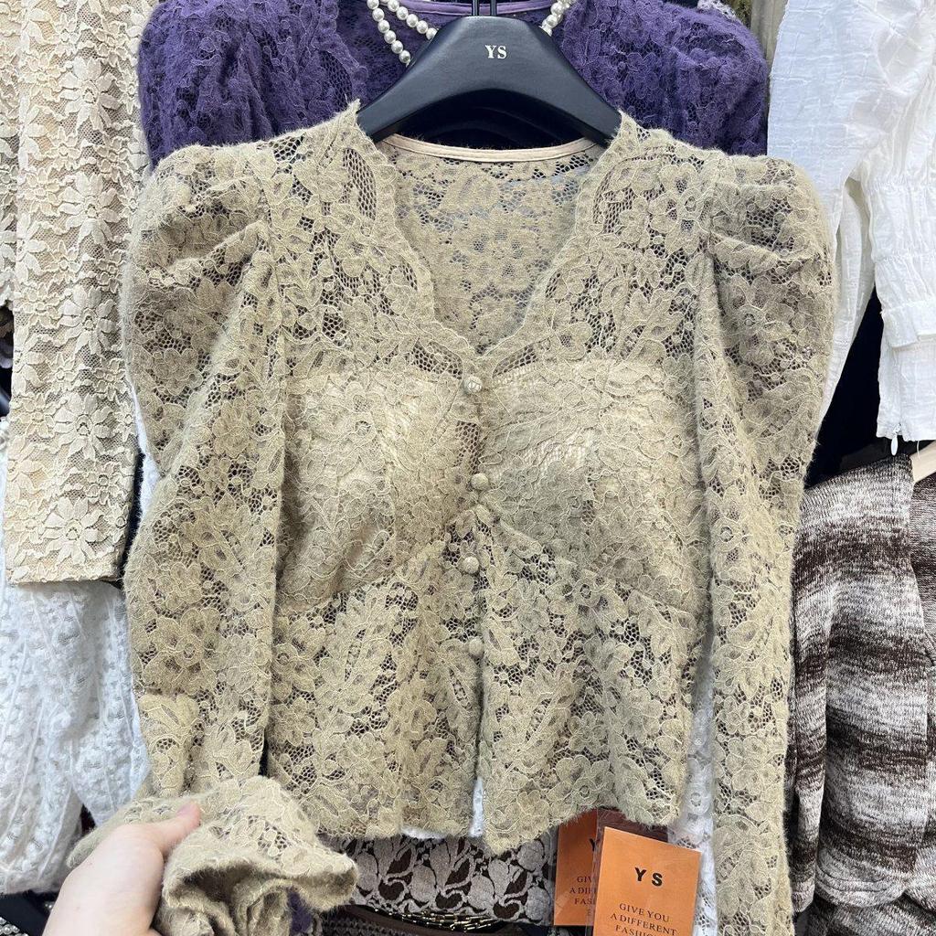 V-Ausschnitt Langarm Puffärmel Spitzenoberteil für Damen - Slim Fit Aushöhlungsdesign