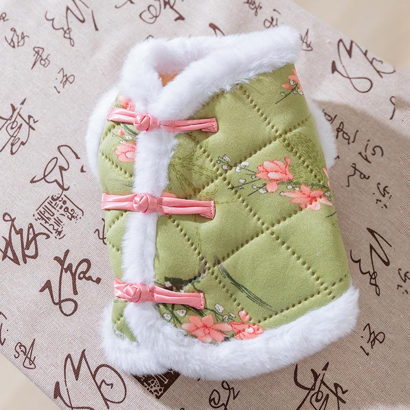 Pet clothes floral national style disc buckle teddy than bear small dog velvet autumn and winter warm dog cotton coat vest