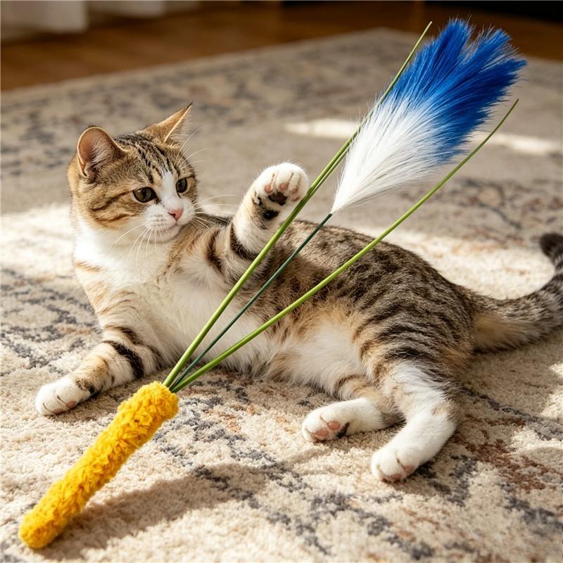 Cat Interactive Toy Reed Grass Cat Teasing Stick Feather Toy Long Pole Kitten Teasing Stick Bite Resistant Sound Toy Cat Supplie