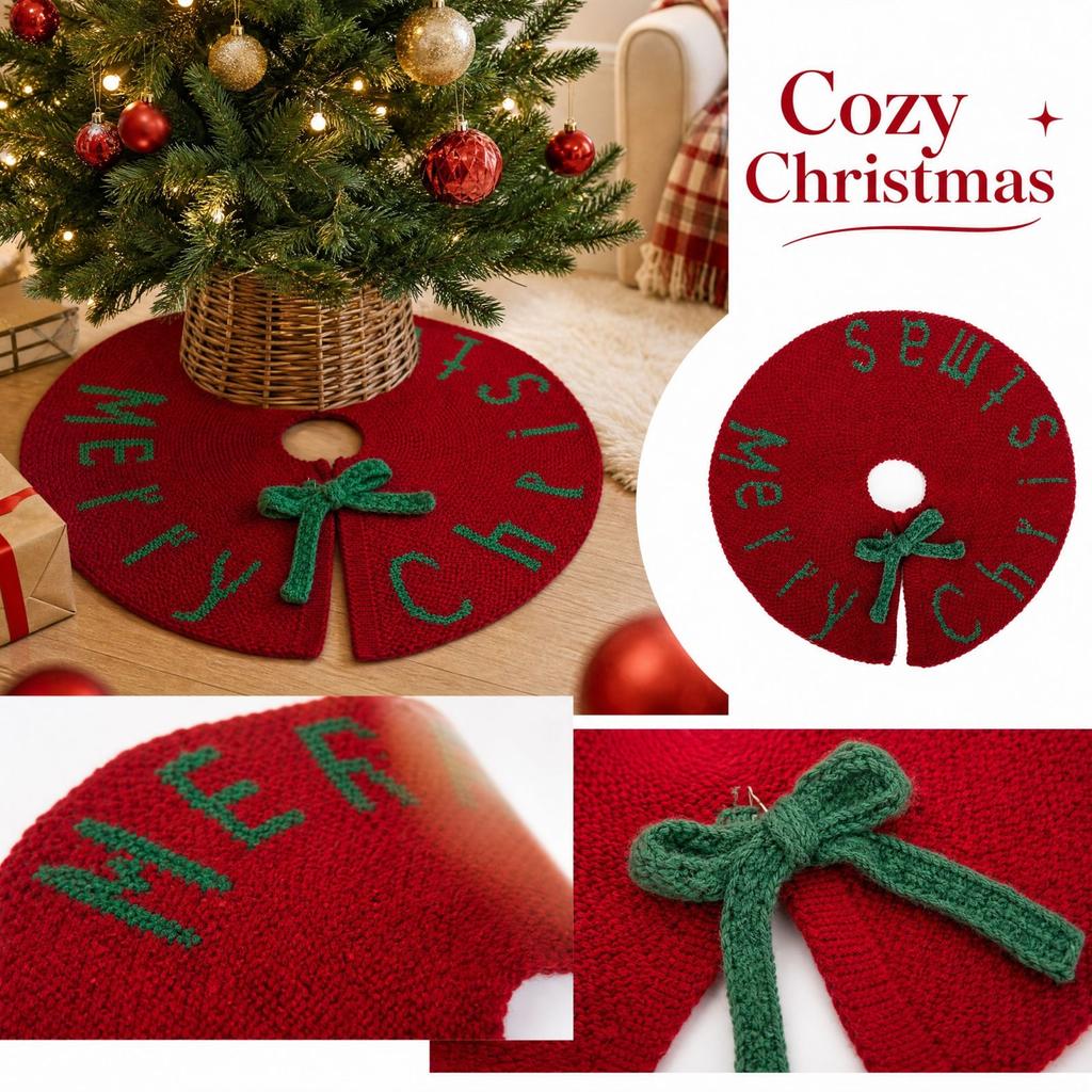 Red Knitted Wool Christmas Tree Skirt for Holiday Tree Base Decoration and Ornaments