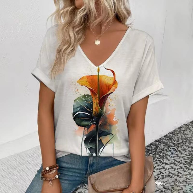 Dam V-ringad T-shirt Retro Elegant Blommönster Mode Tryck T-shirt Sommar Fritid Dam Populär Kortärmad T-shirt