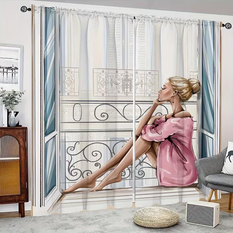 2 Pcs 2 Pcs Balcony Girl Print Curtains,suitable for Bedroom,living Room Kitchen Decoration,home Decoration,window Decoration