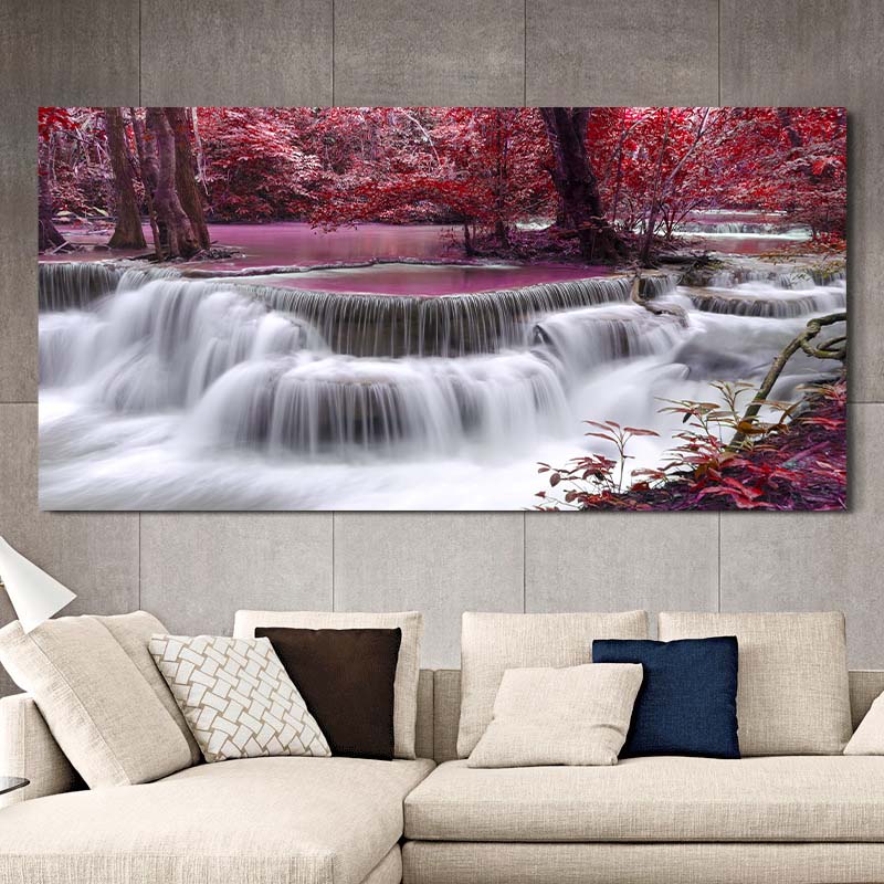 Landscape Natural Waterfall Canvas Painting Green Tree Forest Posters and Prints Wall Art Living Room Home Decor No Frame