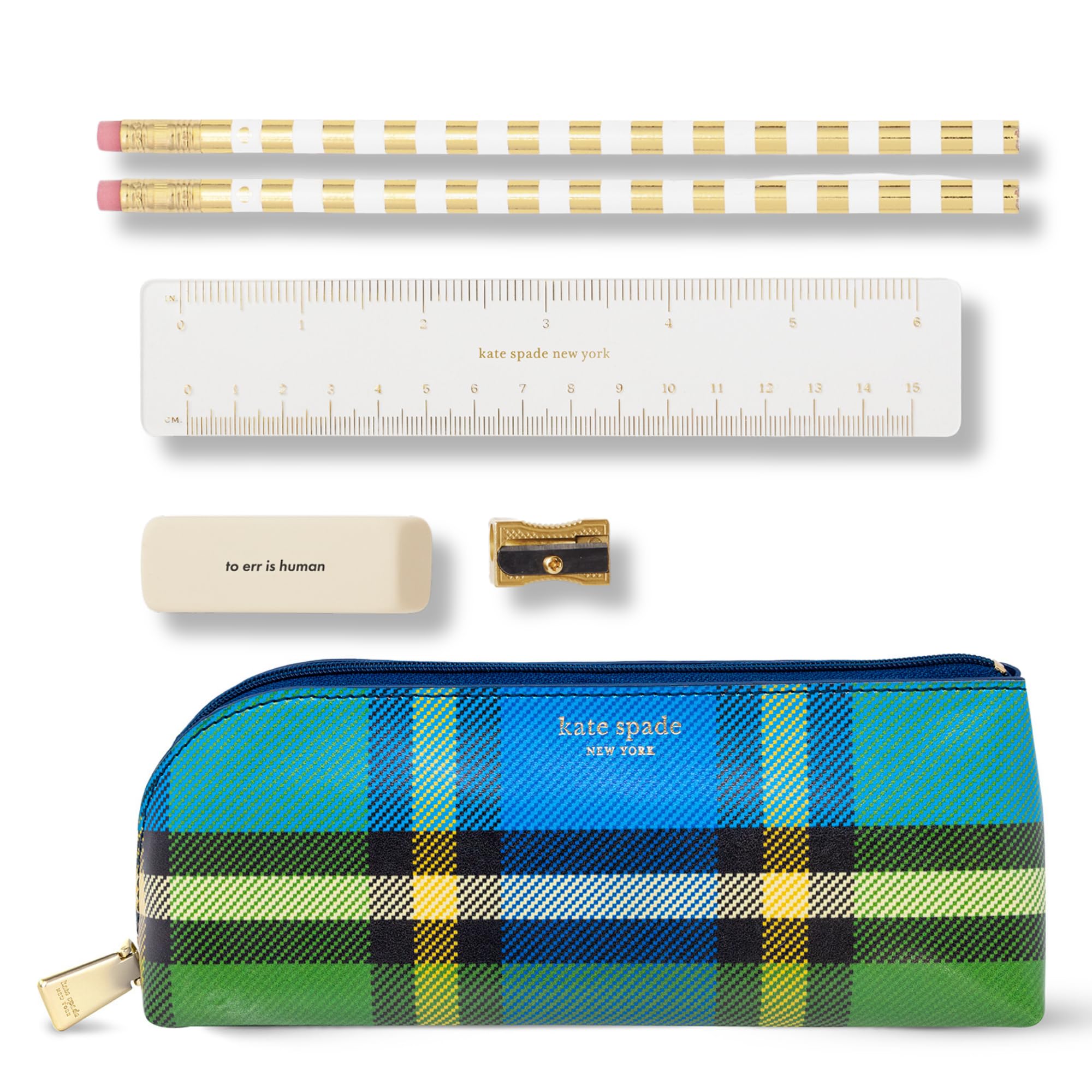 

Пенал Kate Spade New York Pen Pencil Case с офисными принадлежностями, застегивающийся на молнию чехол с 2 ластиками и линейкой Grand Check Duo & Pencils, точилка, -