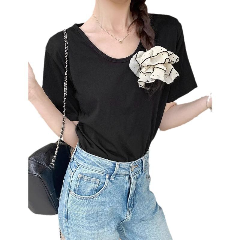 Summer Mint Short-sleeved T-shirt for Women's New Women's Solid Color Pullover Loose Basic Versatile U-neck Front Shoulder Top