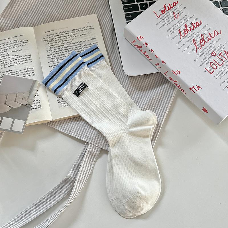 

Female Summer Thin Double Collar Sports Boneless Stripe Collage College Wind Tube Stack Socks 1 pair