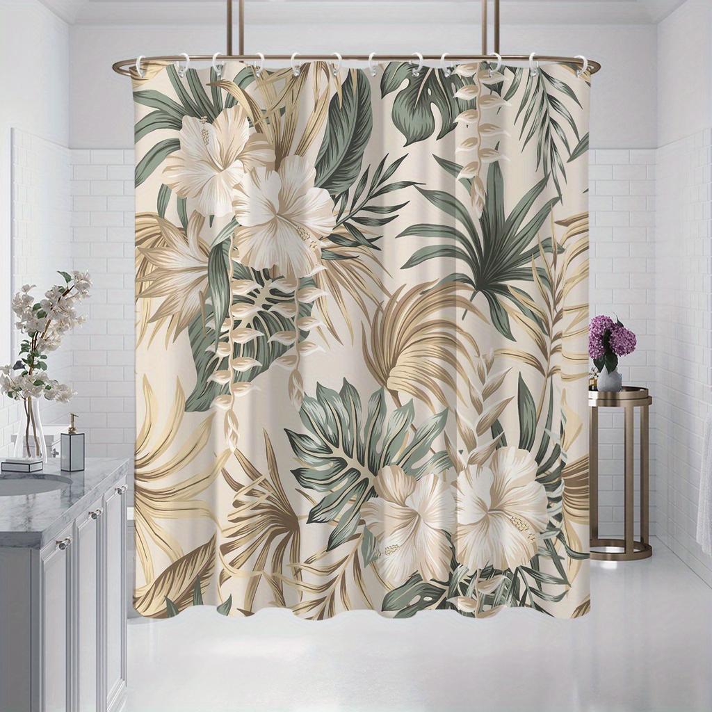 1pc Elegant Tropical Hibiscus Flower Print Shower Curtain Set with Hooks - Beige and Green Polyester, Grommet Top