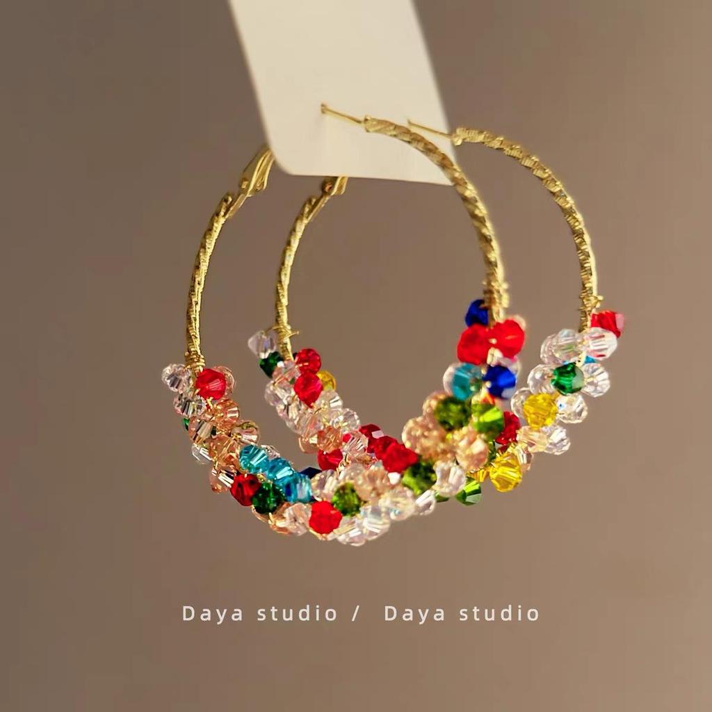 Colorful Dopamine Fabric Beaded Earrings – Women's Studs, Seaside Vacation Style, Ear Clips