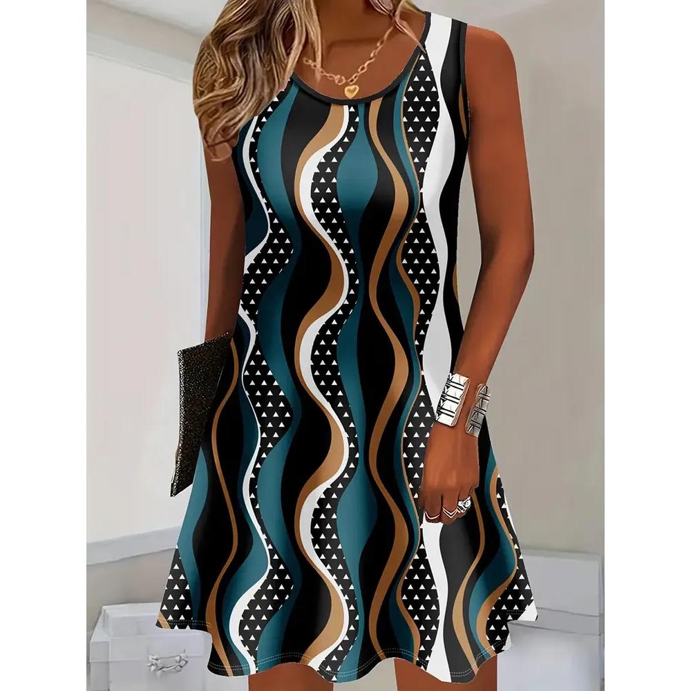 Fashion Versatile Striped Printed Dress Casual Comfortable Casual Dresses S