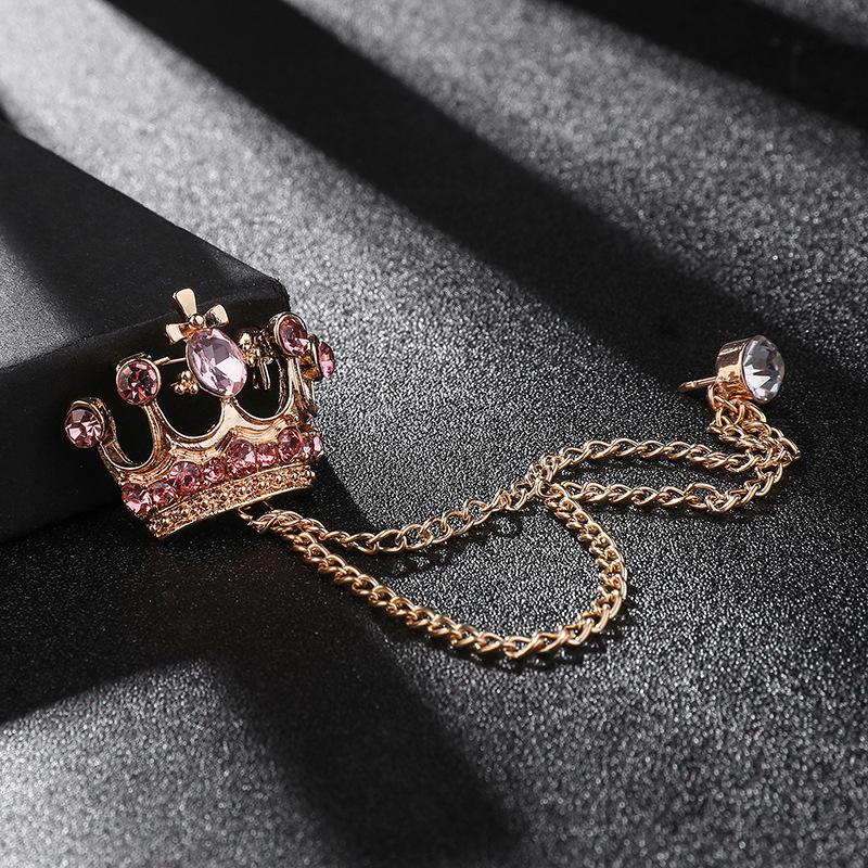 High-end Brooch Crown Crystal Rhinestones Brooches Tassel Chain Lapel Pin British Style Men's Suit Shirt Collar Luxulry Jewelry
