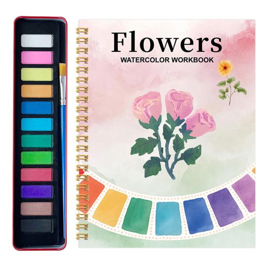 Watercolor Painting Kit for Beginners Step-by-Step Painting Guide with 12 Colors Flower Animal Theme Practice Workbook for Learning Blending