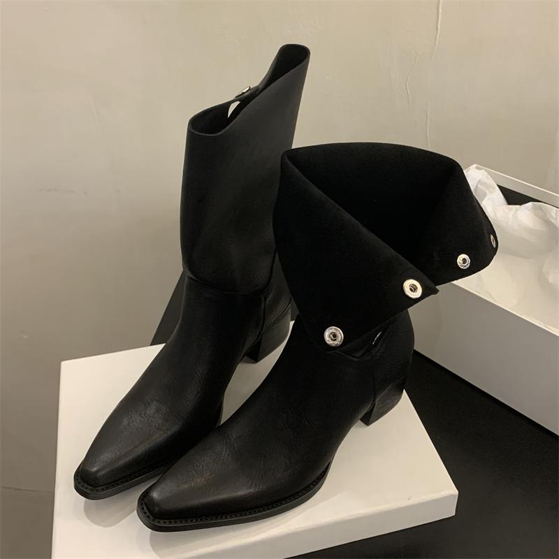 Fashion Eilyken Winter Vintage Fashion Fold Short Pointed Toe Women Ankle Boots Square Low Heels Booties Shoes Zapatos De Mujer